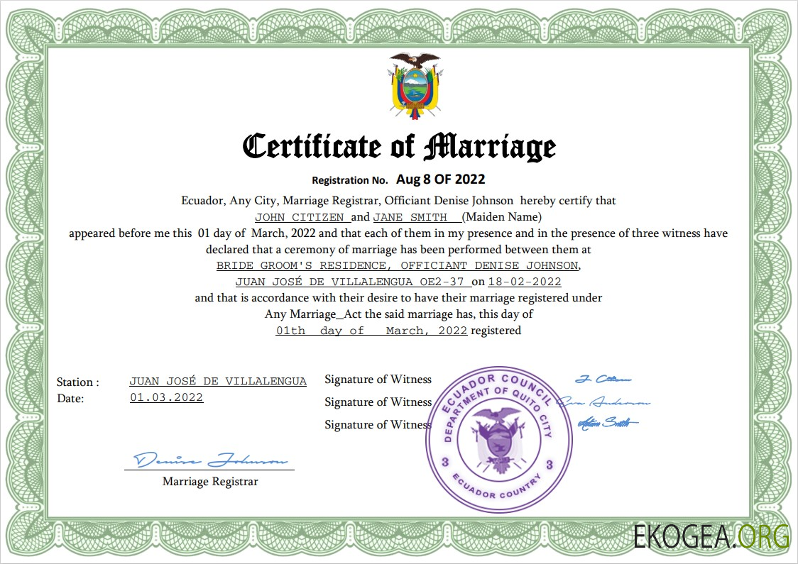 Modèle Word et PDF de certificat de mariage en Équateur